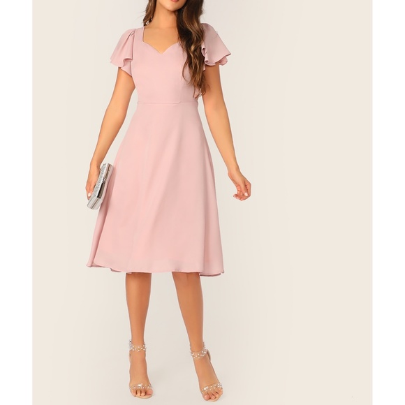 Pastel Pink Solid Flutter Sleeve Fit & Flare Dress - Picture 5 of 6
